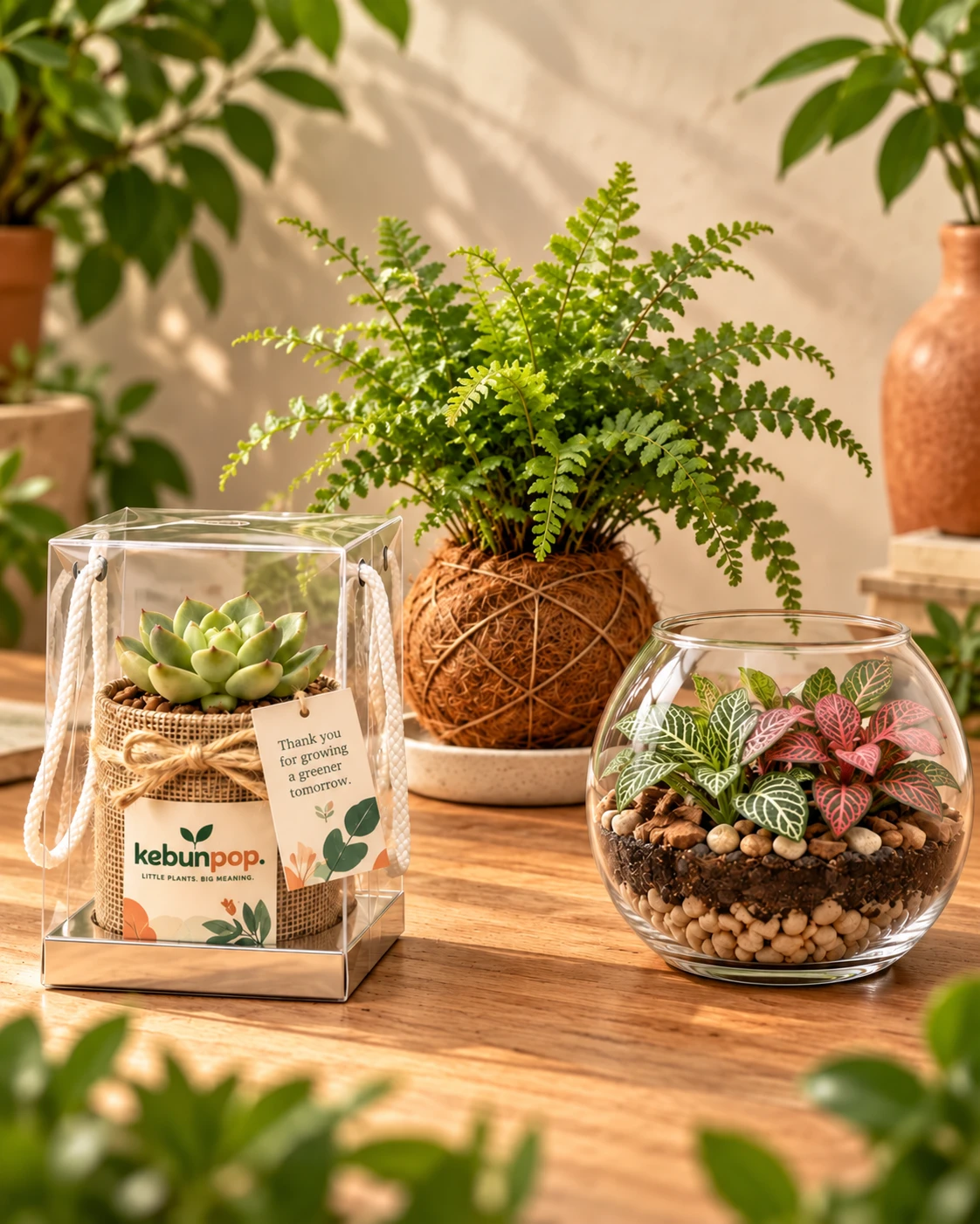 Terrarium, succulent gift and coconut fibre kokedama presentation concept