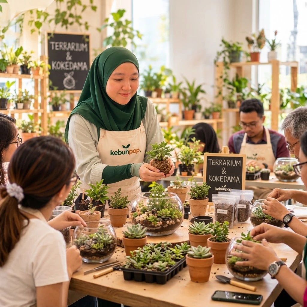 Illustrative workshop scene with a facilitator demonstrating coconut fibre kokedama