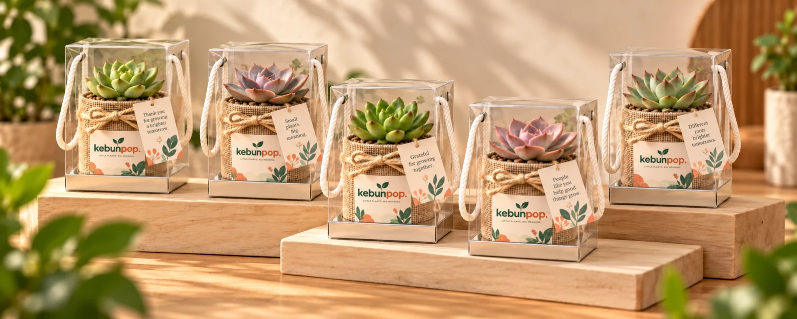 Succulent gift presentation concept in clear boxes with botanical tags
