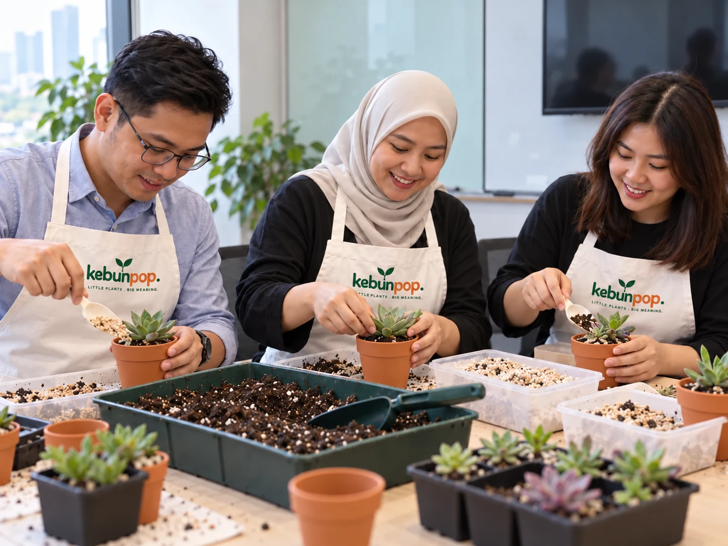 Illustrative succulent workshop with participants planting
